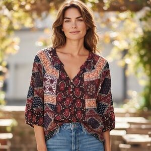 Figueroa & Flower Pullover Peasant Blouse 3/4-Sleeves